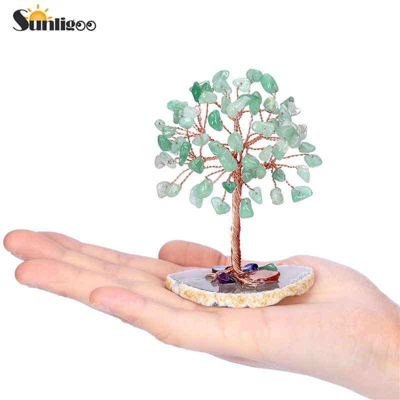 Sunligoo Super Mini Crystal Money Tree Copper Wire Wrapped W/ Agate Slice Base Healing Gemstone Yoga Feng Shui Trees Home Decor